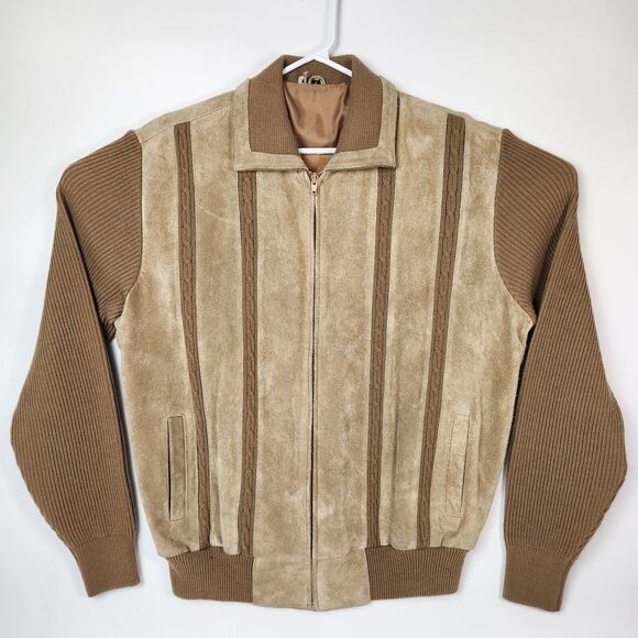 Vtg 80s Suede Cable Knit Bomber‎ Jacket Mens XL Chore Western Cowboy Rugged Wear